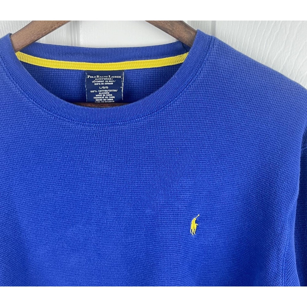 Polo Ralph Lauren Shirt Mens Large Blue Waffle Knit Long Sleeve Sleepwear Cotton